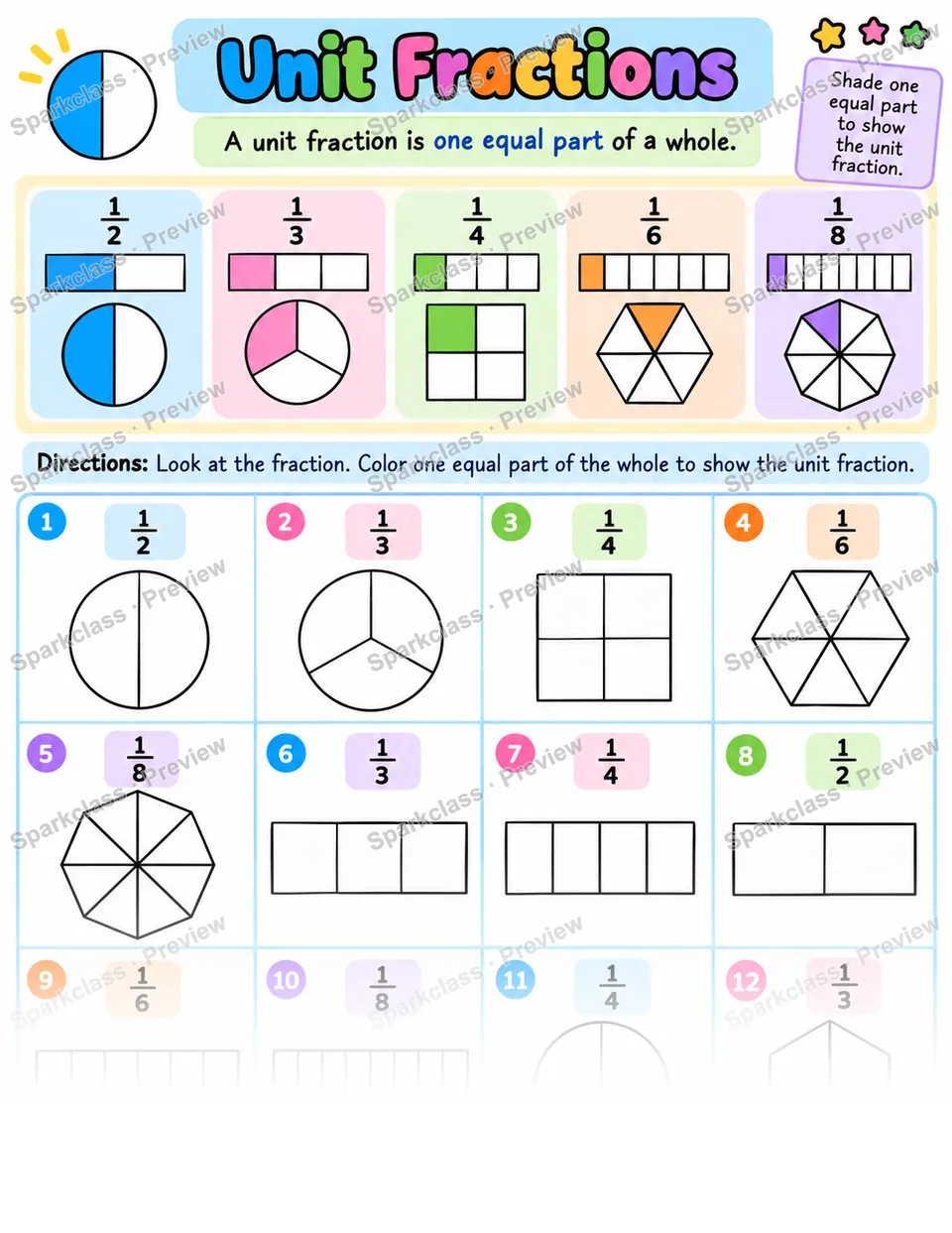 Unit Fractions — Grade 3 worksheet preview