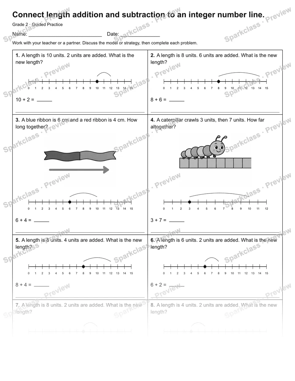 Connect length addition and subtraction to an integer number line. — Guided Practice — Grade 2 worksheet preview