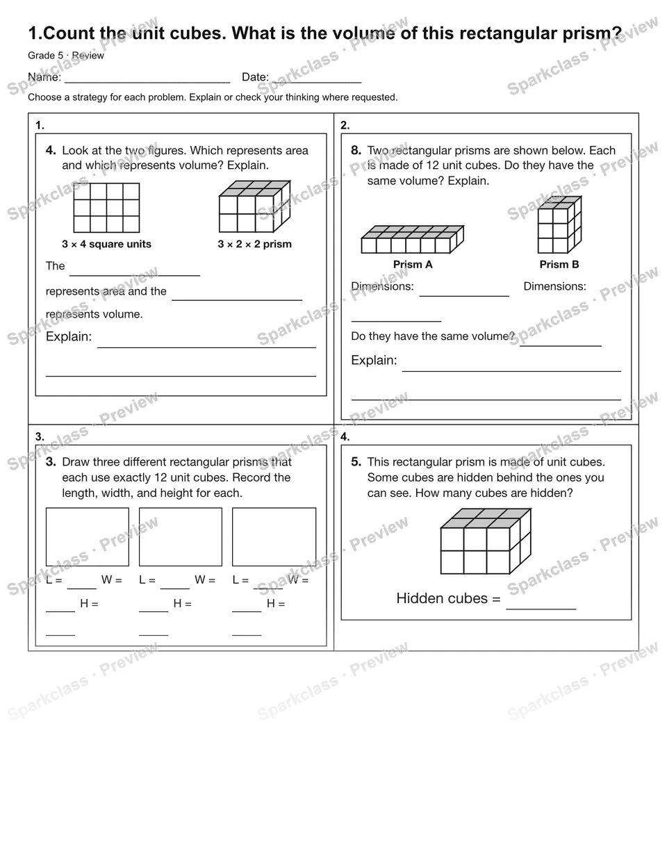 1.Count the unit cubes. What is the volume of this rectangular prism? — Review — Grade 5 worksheet preview