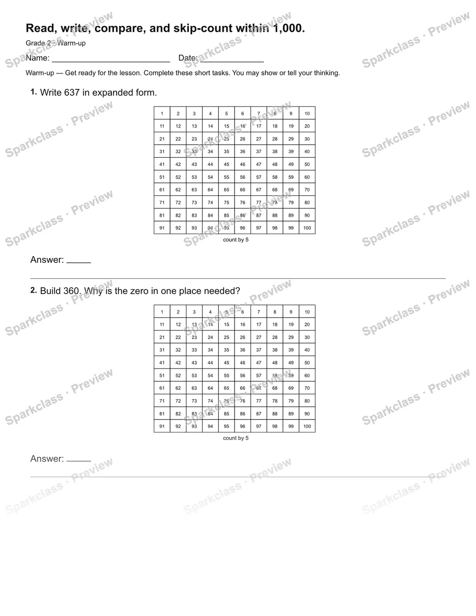 Read, write, compare, and skip-count within 1,000. — Warm-up — Grade 2 worksheet preview
