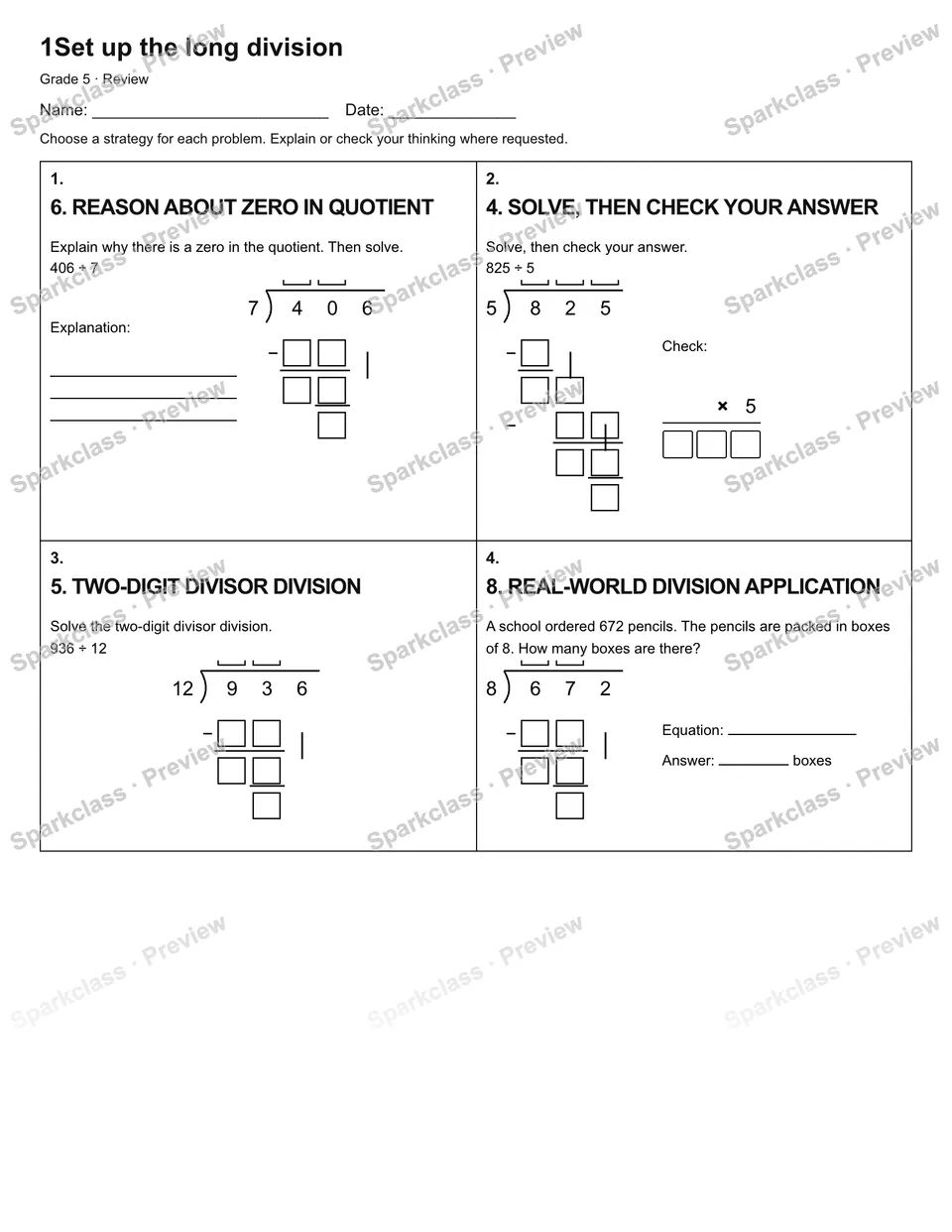 1Set up the long division — Review — Grade 5 worksheet preview