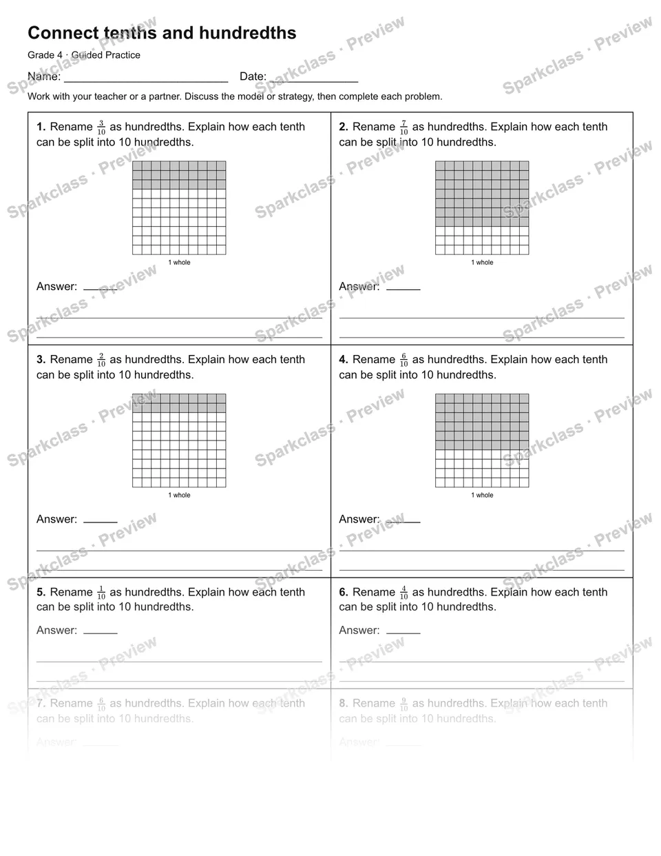 Connect tenths and hundredths — Guided Practice — Grade 4 worksheet preview
