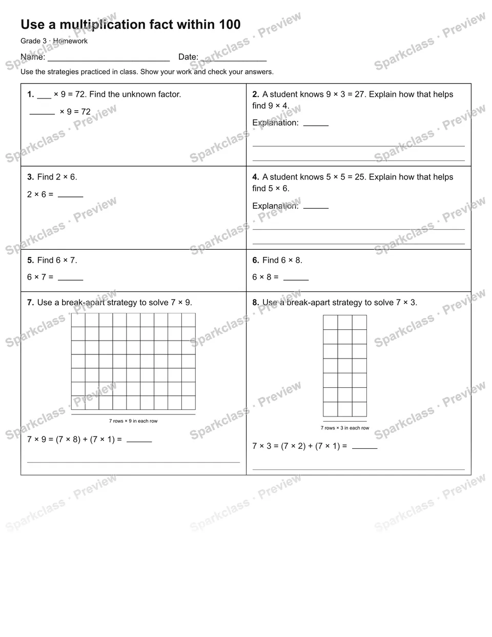 Use a multiplication fact within 100 — Homework — Grade 3 worksheet preview