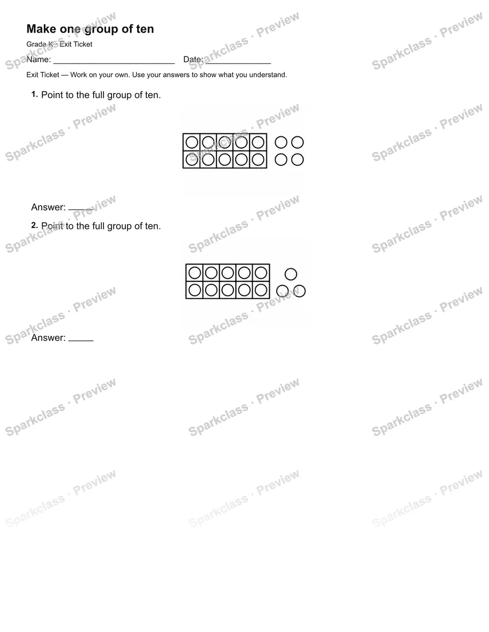 Make one group of ten — Exit Ticket — page 2