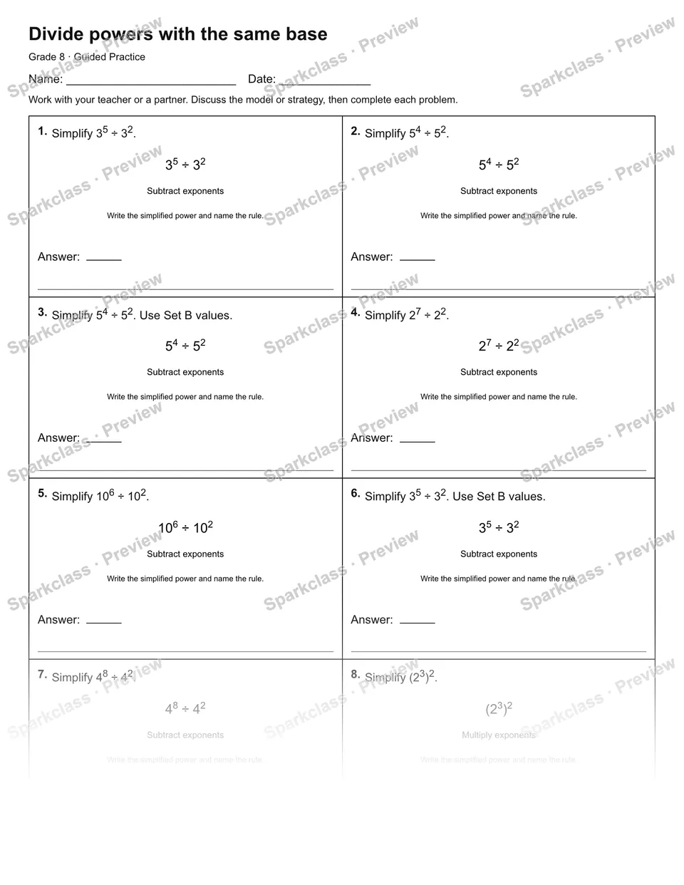 Divide powers with the same base — Guided Practice — Grade 8 worksheet preview