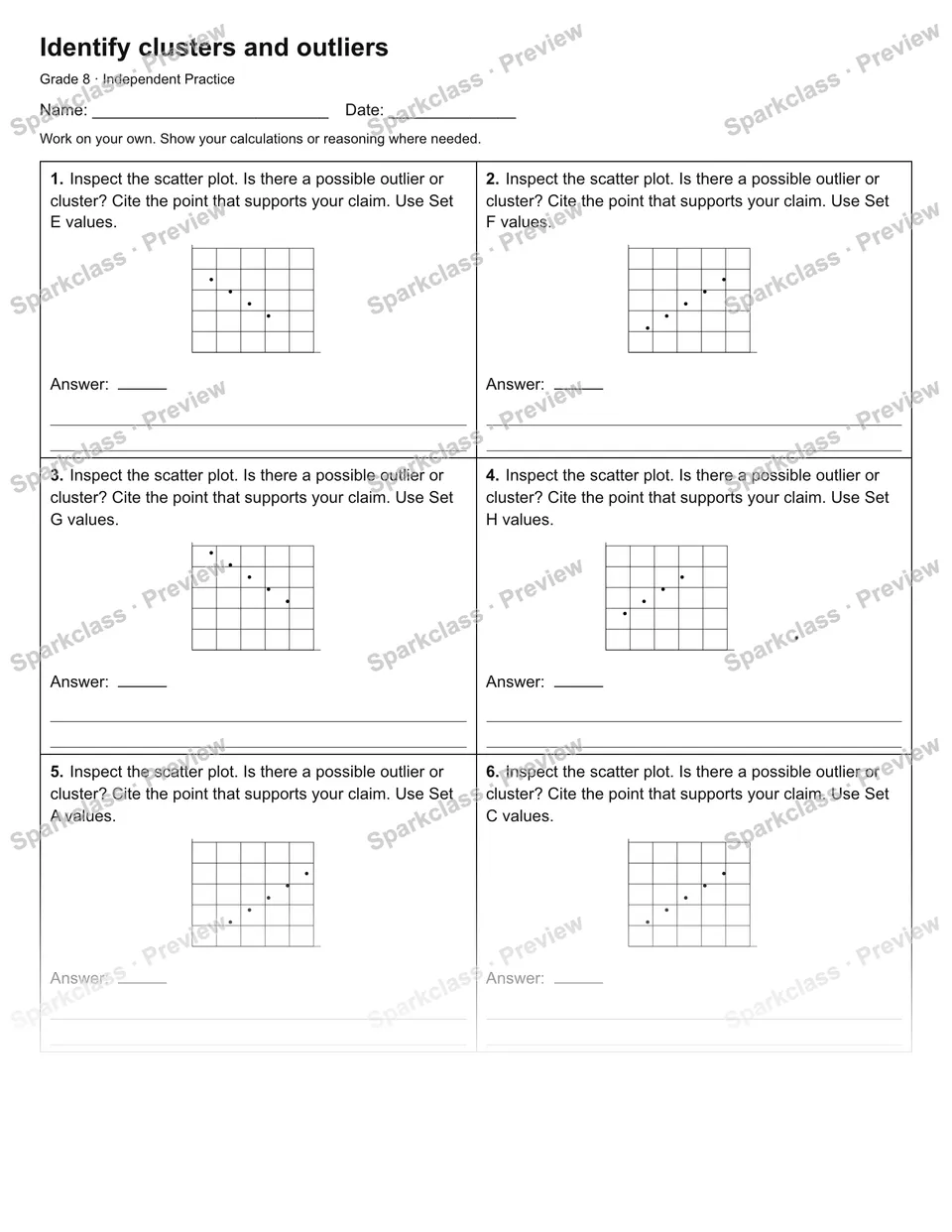 Identify clusters and outliers — Independent Practice — Grade 8 worksheet preview
