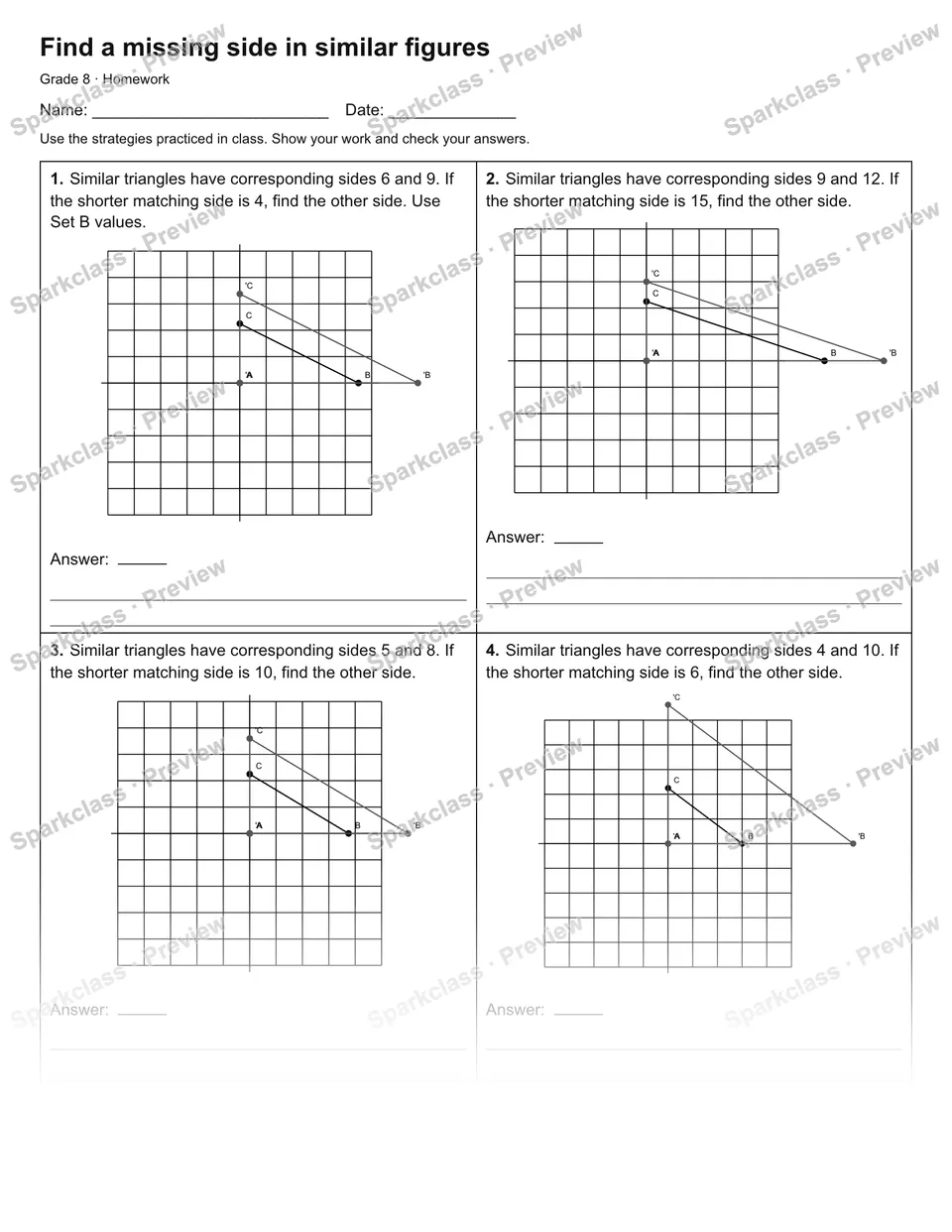 Find a missing side in similar figures — Homework — Grade 8 worksheet preview