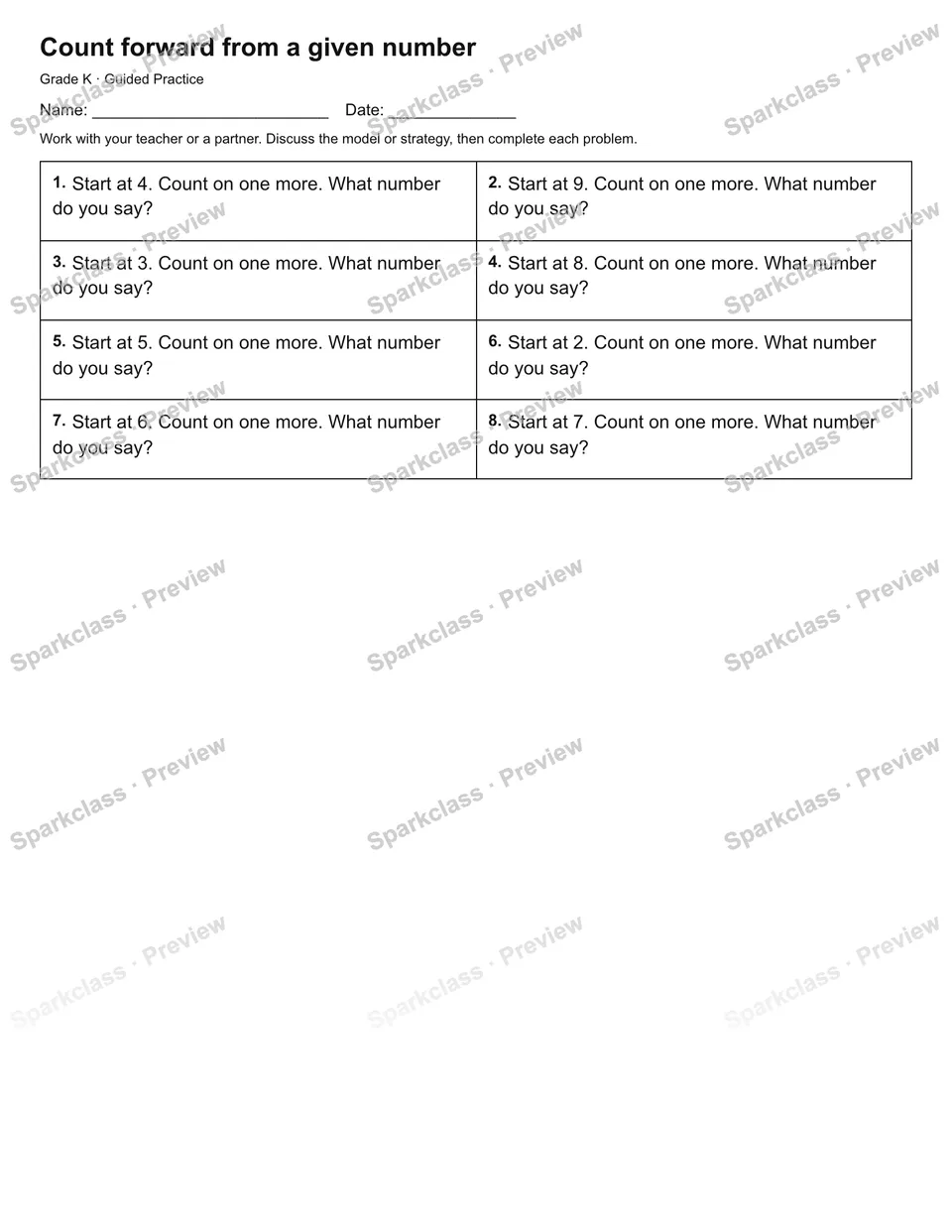 Count forward from a given number — Guided Practice — Kindergarten worksheet preview