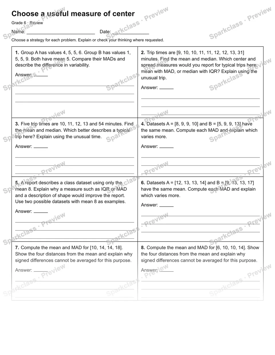 Choose a useful measure of center — Review — Grade 6 worksheet preview
