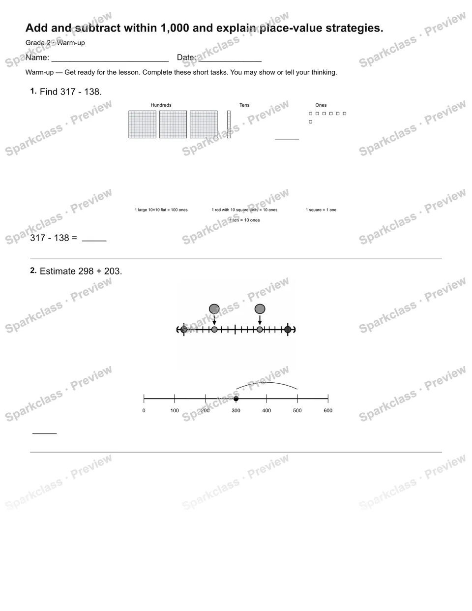 Add and subtract within 1,000 and explain place-value strategies. — Warm-up — page 2