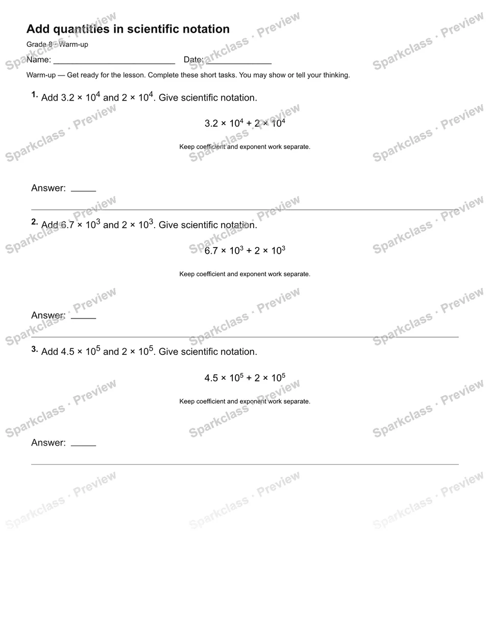 Add quantities in scientific notation — Warm-up — page 2