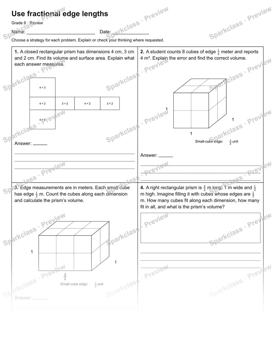 Use fractional edge lengths — Review — Grade 6 worksheet preview