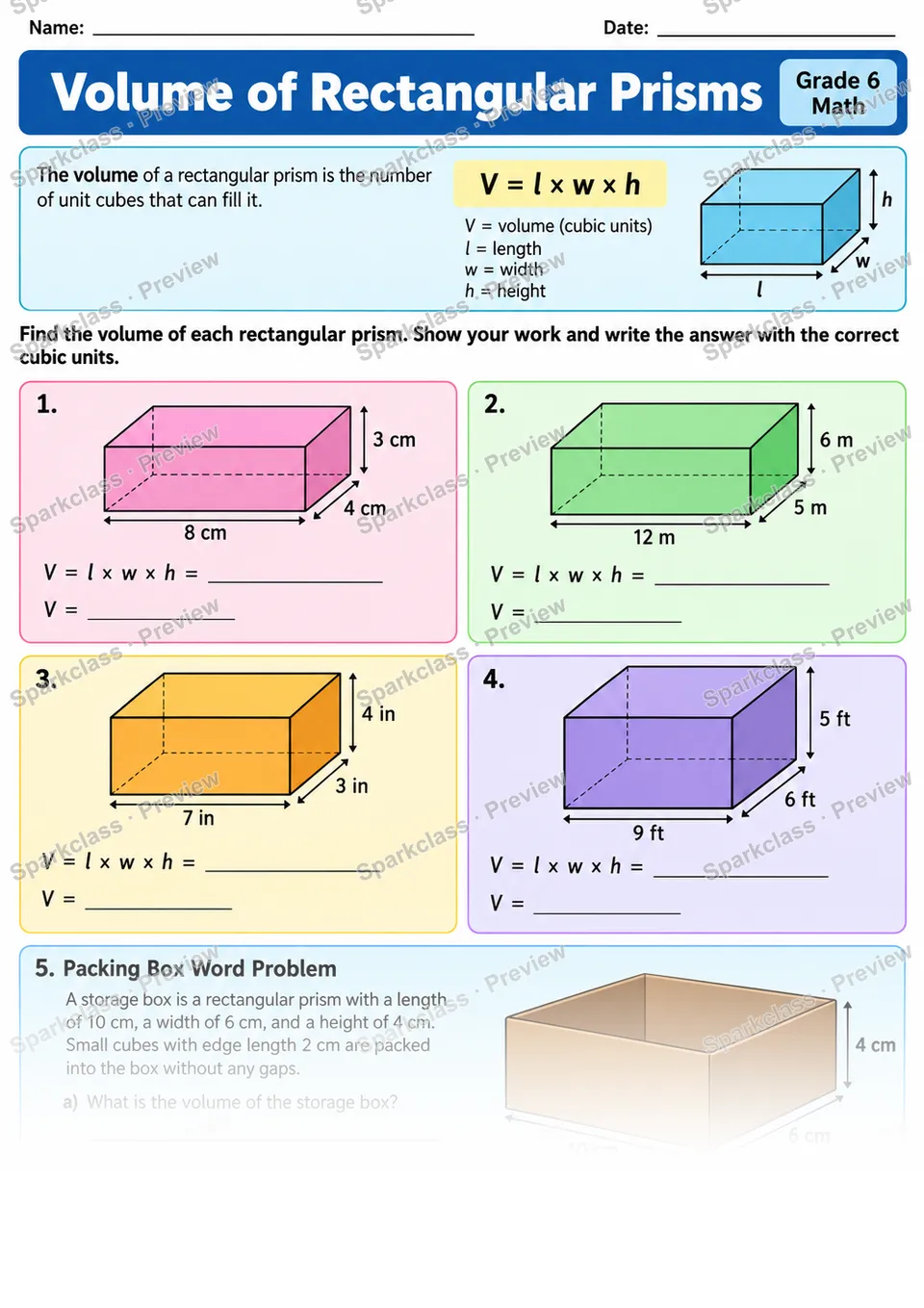 Volume Prisms — Grade 6 worksheet preview