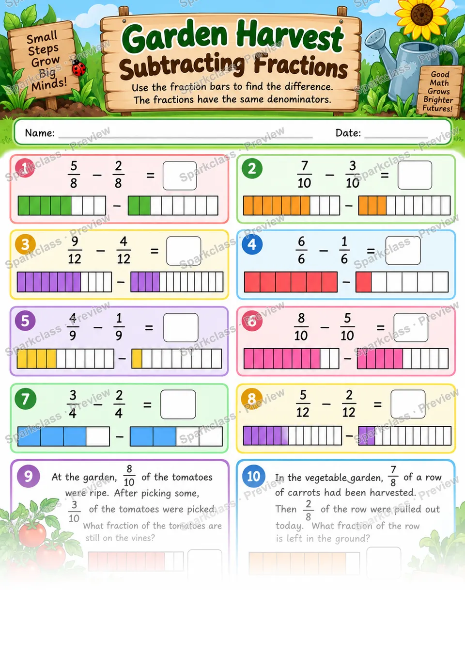 Subtract Fractions With Like Denominators — Grade 4 worksheet preview