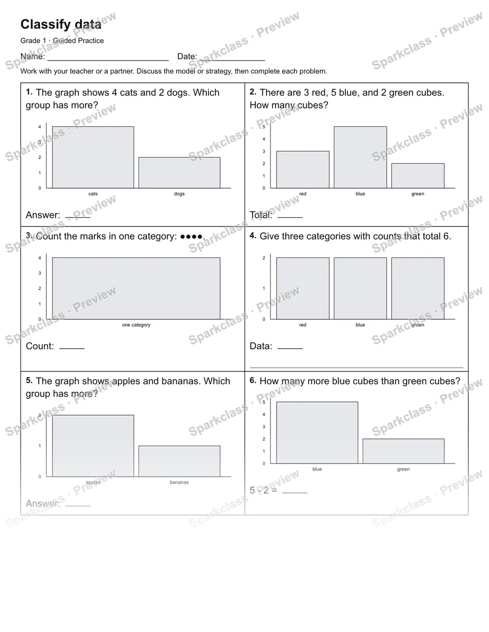 Classify data — Guided Practice — Grade 1 worksheet preview