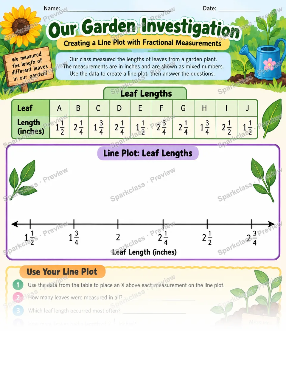 Create a Fractional Line Plot · Garden — Grade 5 worksheet preview