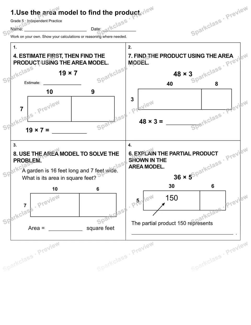 1.Use the area model to find the product. — Independent Practice — Grade 5 worksheet preview