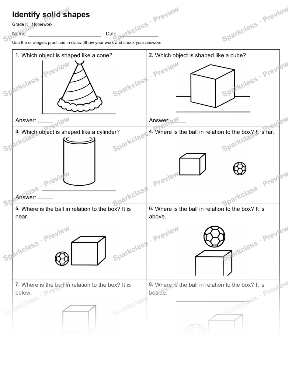 Identify solid shapes — Homework — Kindergarten worksheet preview