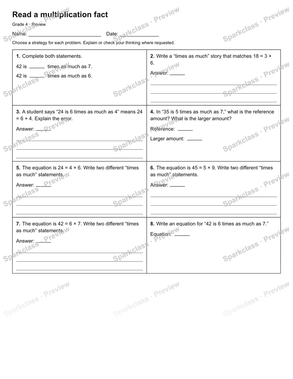 Read a multiplication fact — Review — Grade 4 worksheet preview