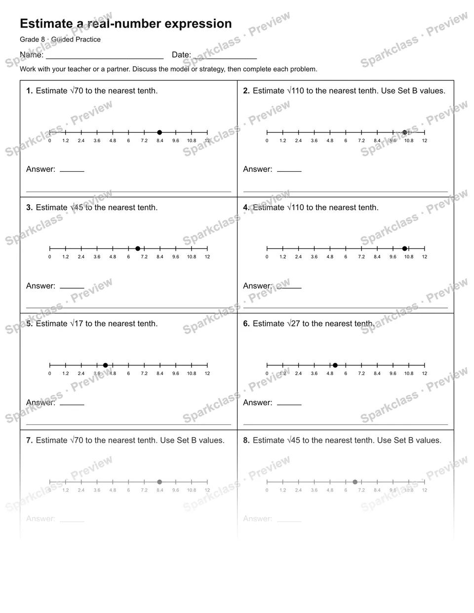 Estimate a real-number expression — Guided Practice — Grade 8 worksheet preview