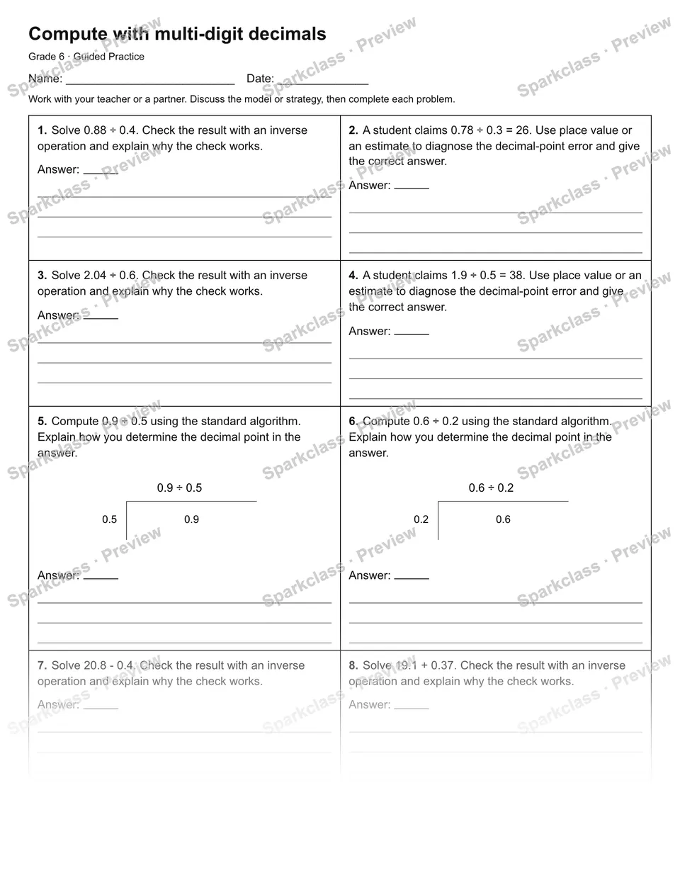 Compute with multi-digit decimals — Guided Practice — Grade 6 worksheet preview