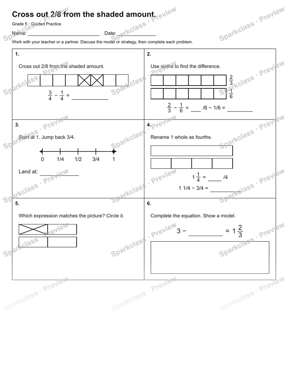 Cross out 2/8 from the shaded amount. — Guided Practice — Grade 5 worksheet preview