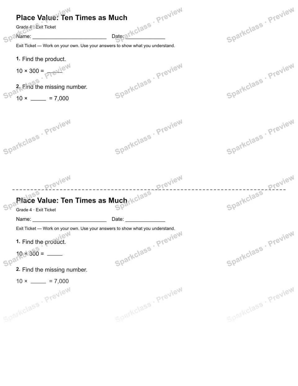 Place Value: Ten Times as Much — Exit Ticket — Grade 4 worksheet preview