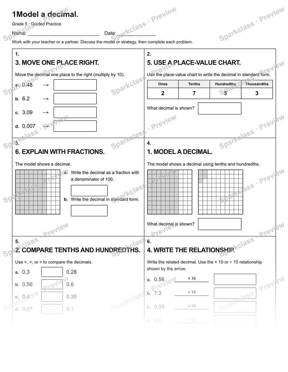 1Model a decimal. — Guided Practice — Grade 5 worksheet preview