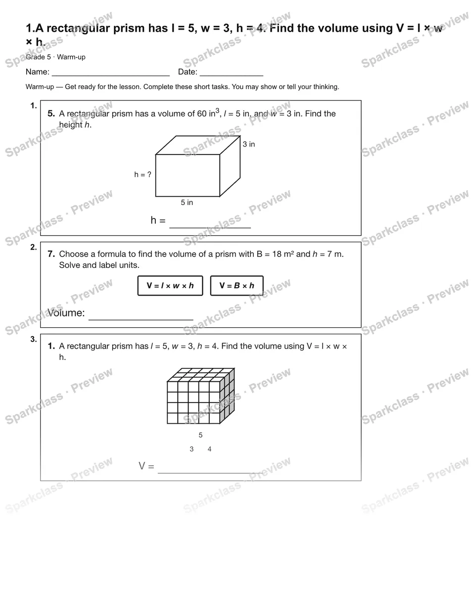 1.A rectangular prism has l = 5, w = 3, h = 4. Find the volume using V = l × w × h. — Warm-up — Grade 5 worksheet preview
