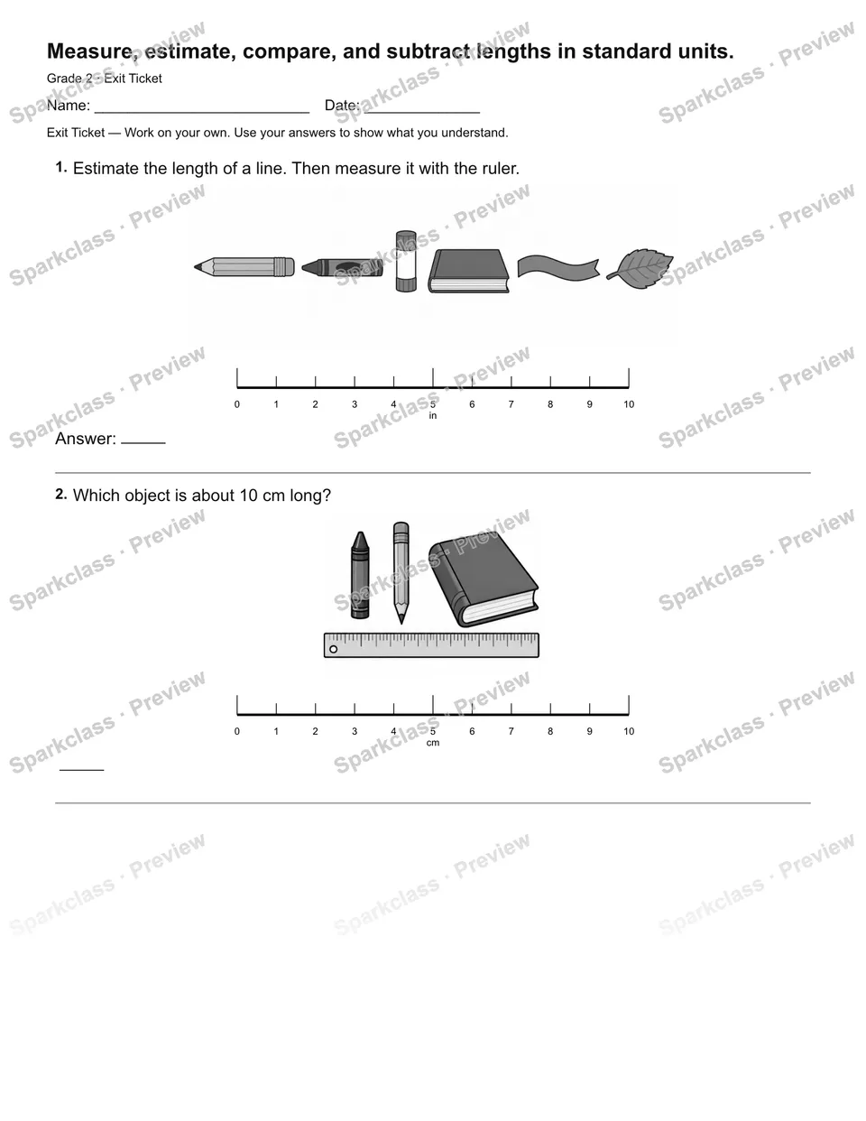 Measure, estimate, compare, and subtract lengths in standard units. — Exit Ticket — page 2