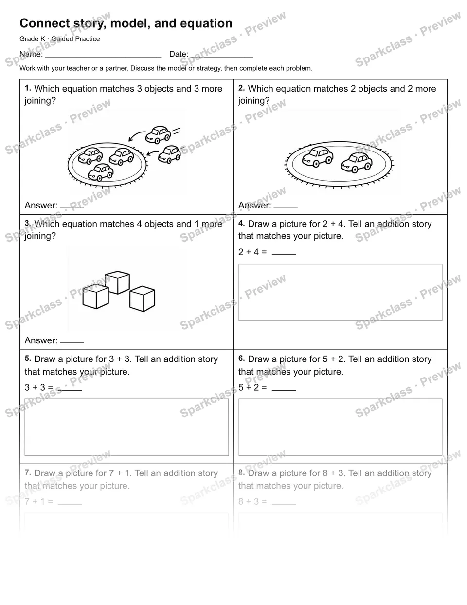 Connect story, model, and equation — Guided Practice — Kindergarten worksheet preview