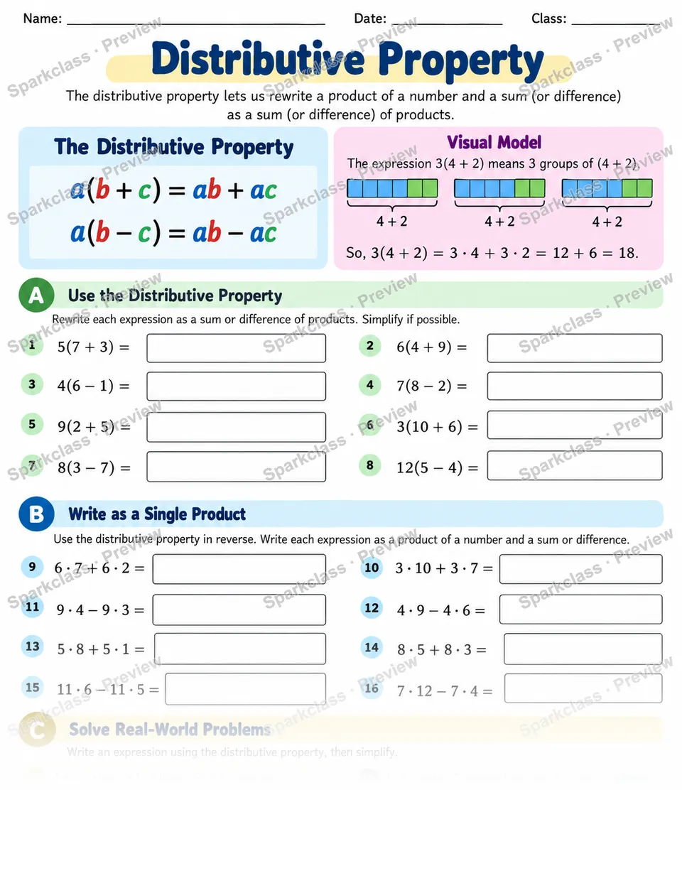 Distributive Property — Grade 6 worksheet preview
