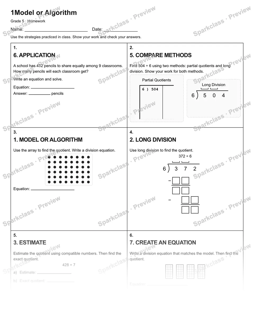 1Model or Algorithm — Homework — Grade 5 worksheet preview