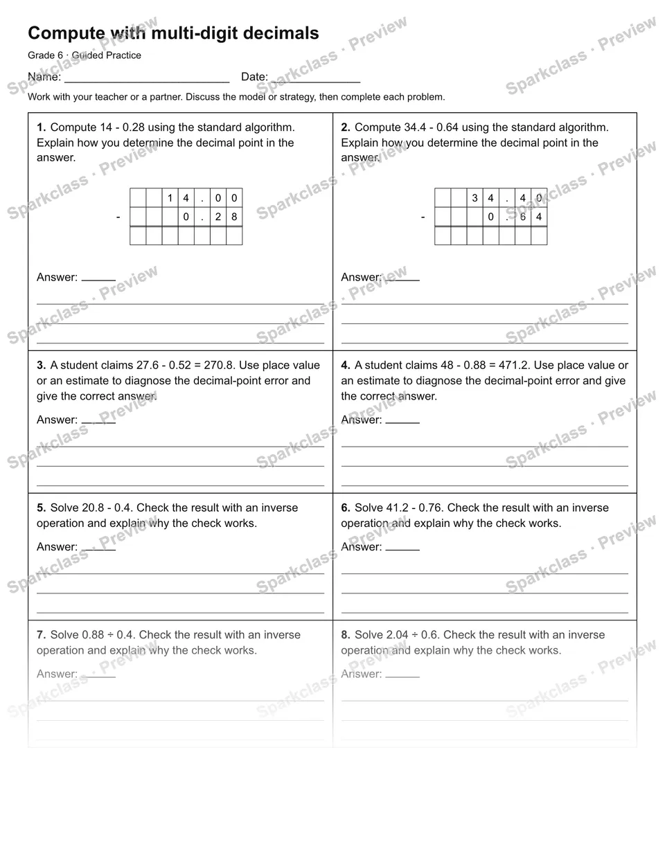 Compute with multi-digit decimals — Guided Practice — Grade 6 worksheet preview