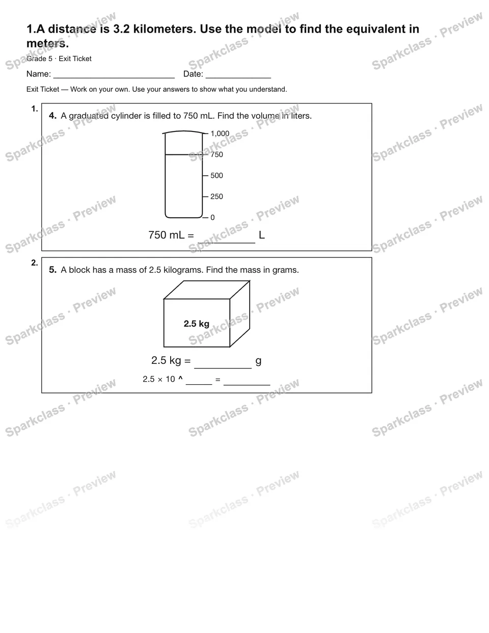 1.A distance is 3.2 kilometers. Use the model to find the equivalent in meters. — Exit Ticket — Grade 5 worksheet preview