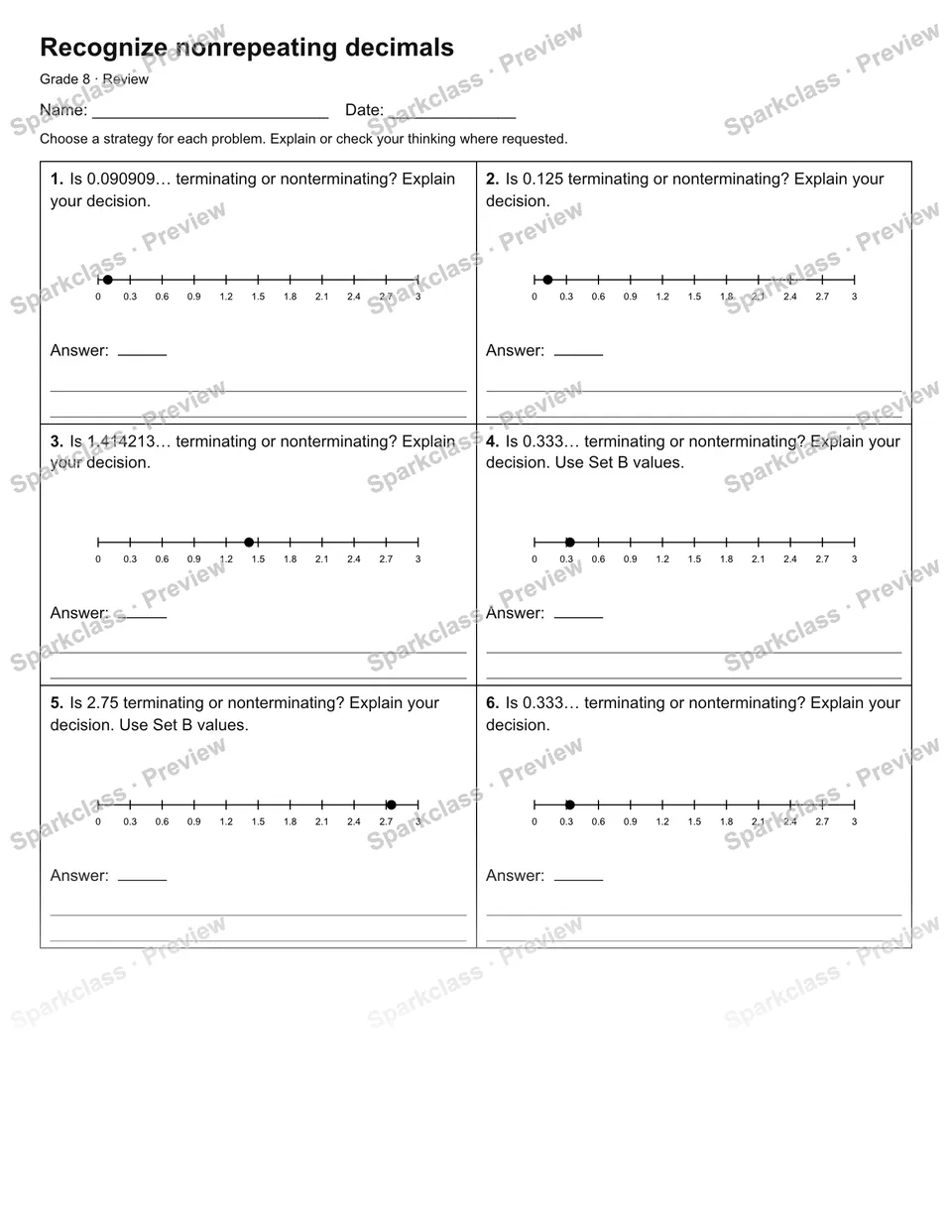 Recognize nonrepeating decimals — Review — Grade 8 worksheet preview