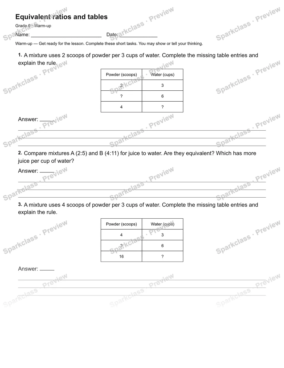 Equivalent ratios and tables — Warm-up — page 2