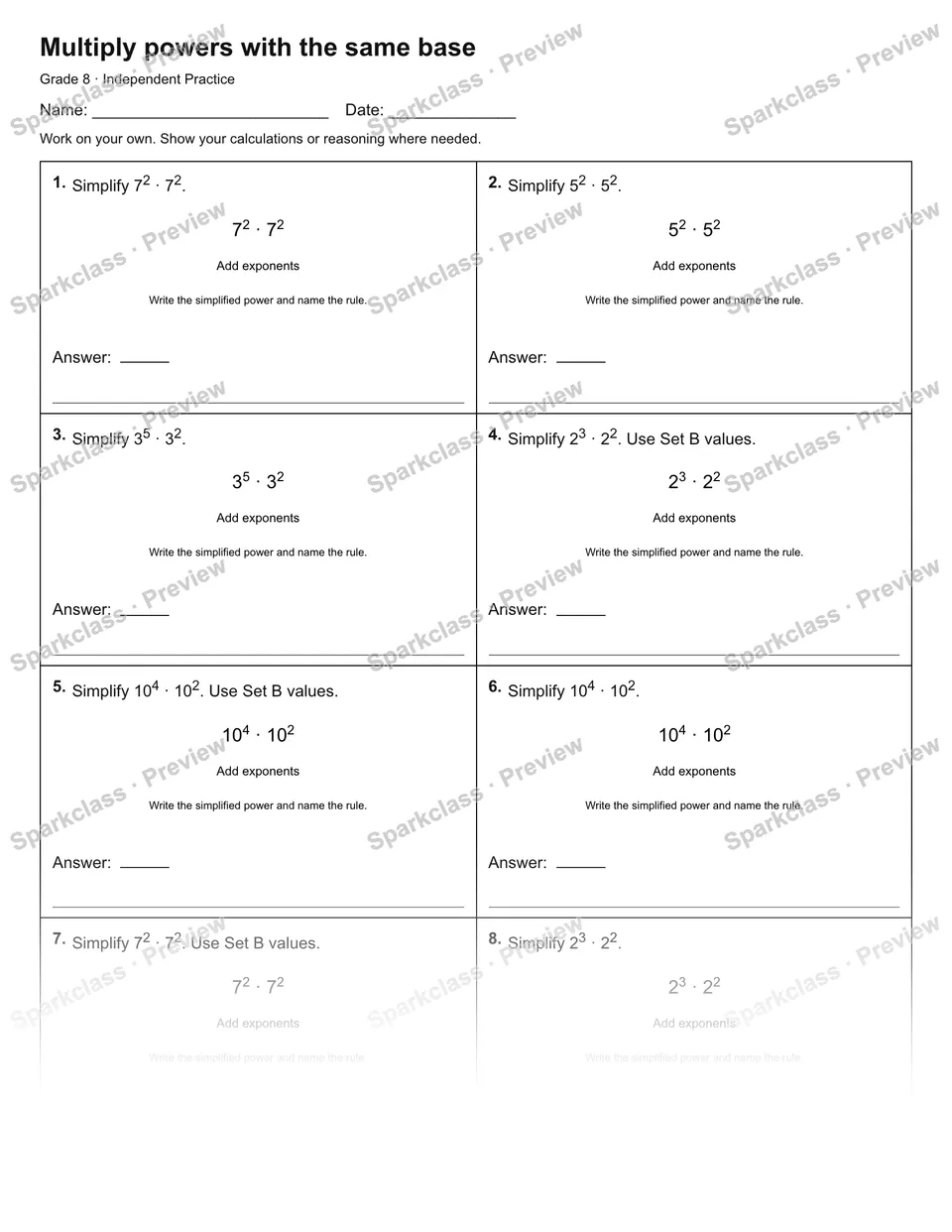 Multiply powers with the same base — Independent Practice — Grade 8 worksheet preview