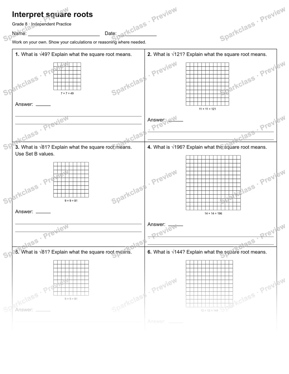 Interpret square roots — Independent Practice — Grade 8 worksheet preview