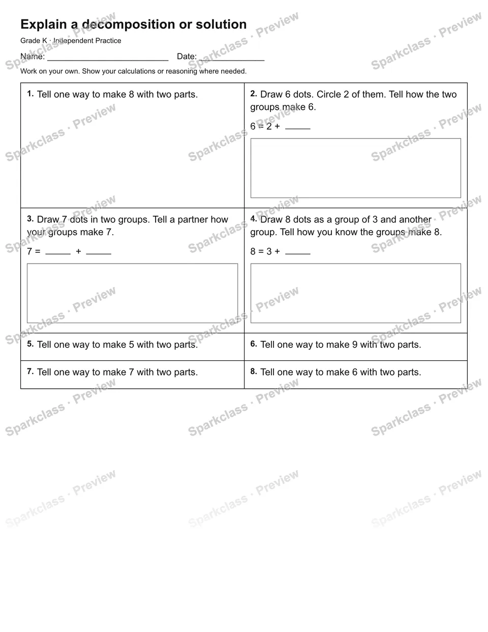 Explain a decomposition or solution — Independent Practice — Kindergarten worksheet preview