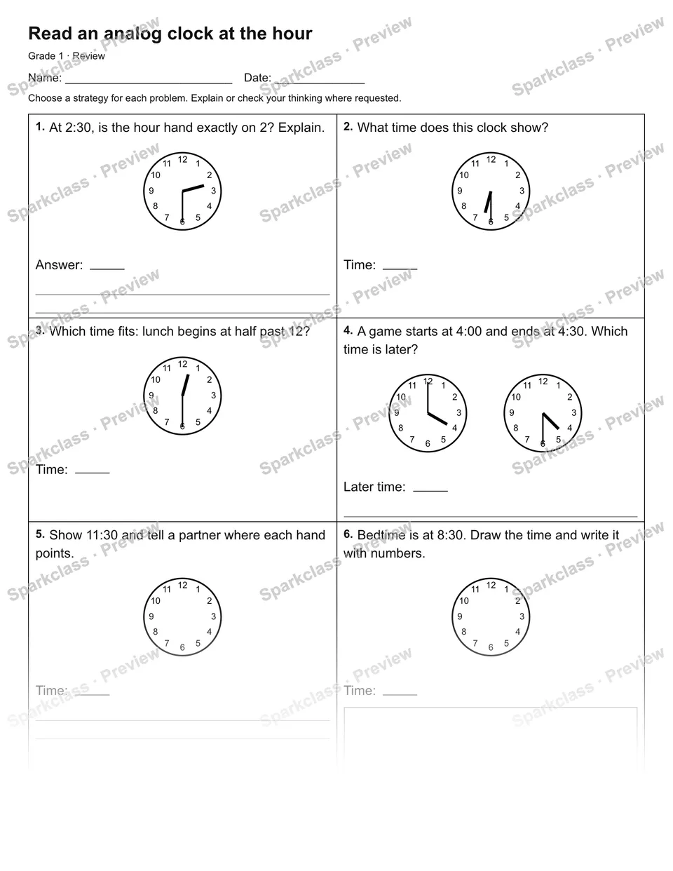 Read an analog clock at the hour — Review — Grade 1 worksheet preview