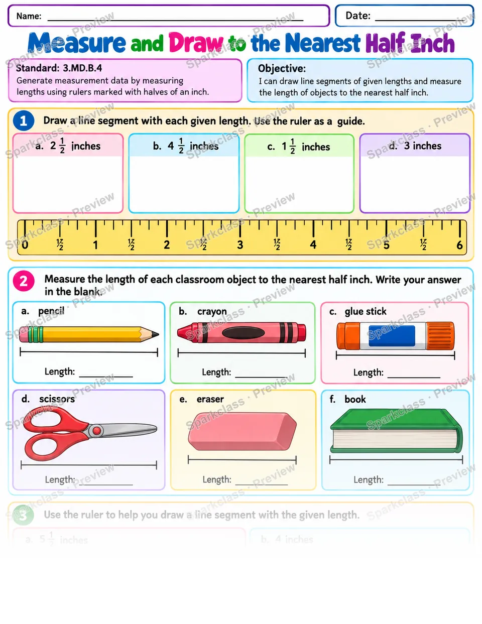 Measure Half Inch 02 — Grade 3 worksheet preview
