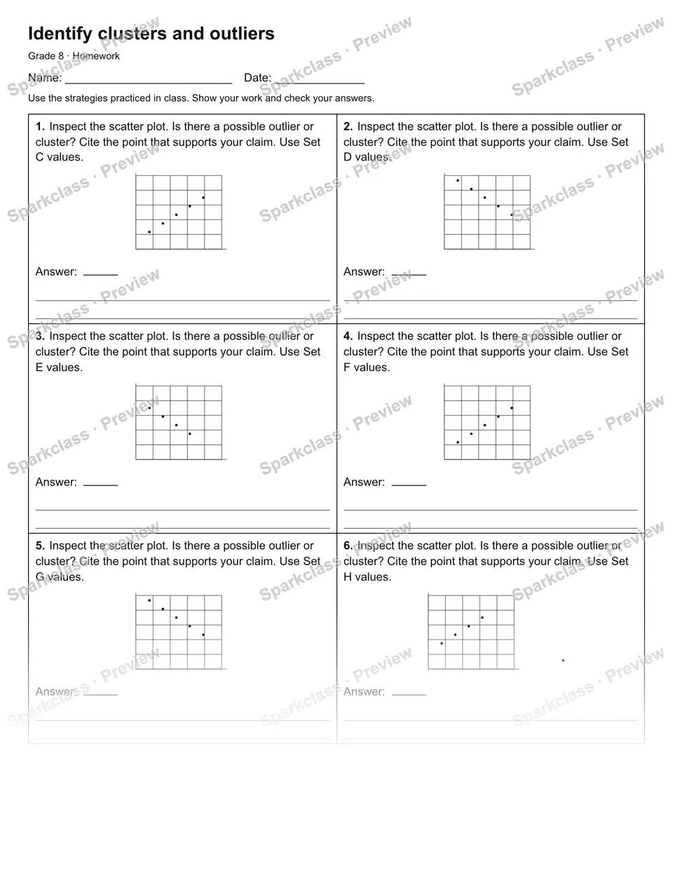 Identify clusters and outliers — Homework — Grade 8 worksheet preview