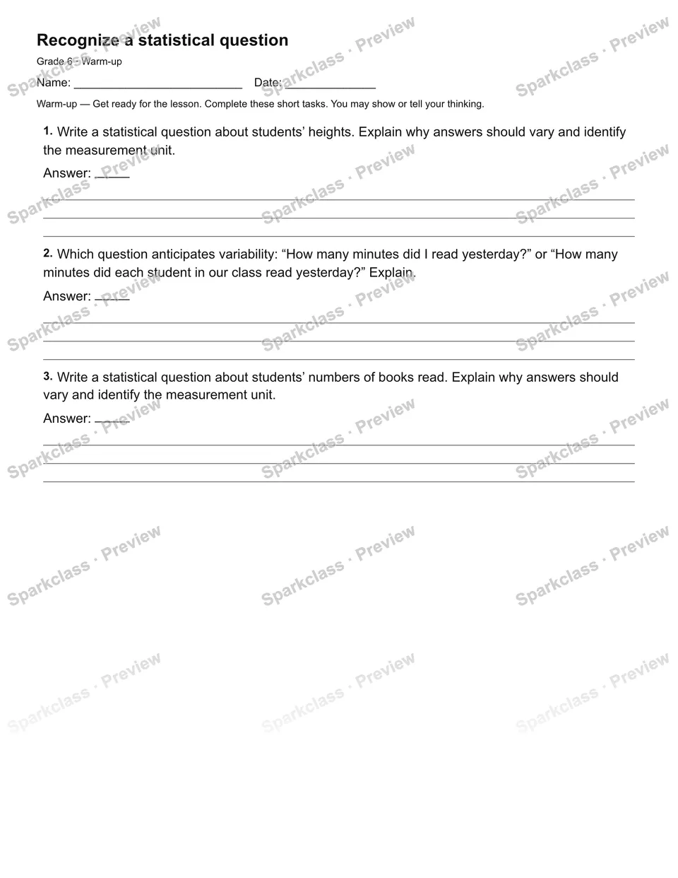 Recognize a statistical question — Warm-up — page 2