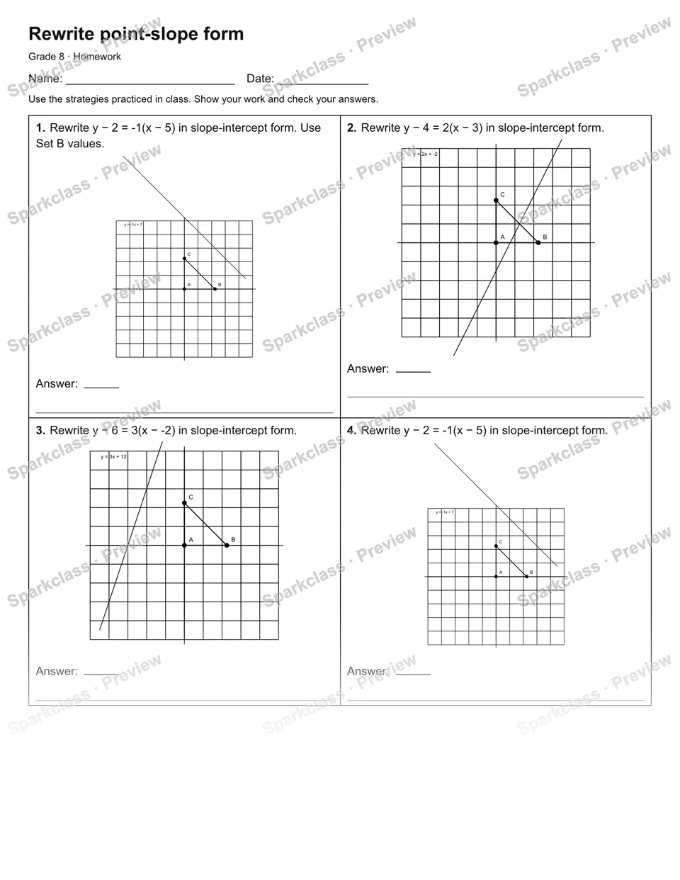 Rewrite point-slope form — Homework — Grade 8 worksheet preview
