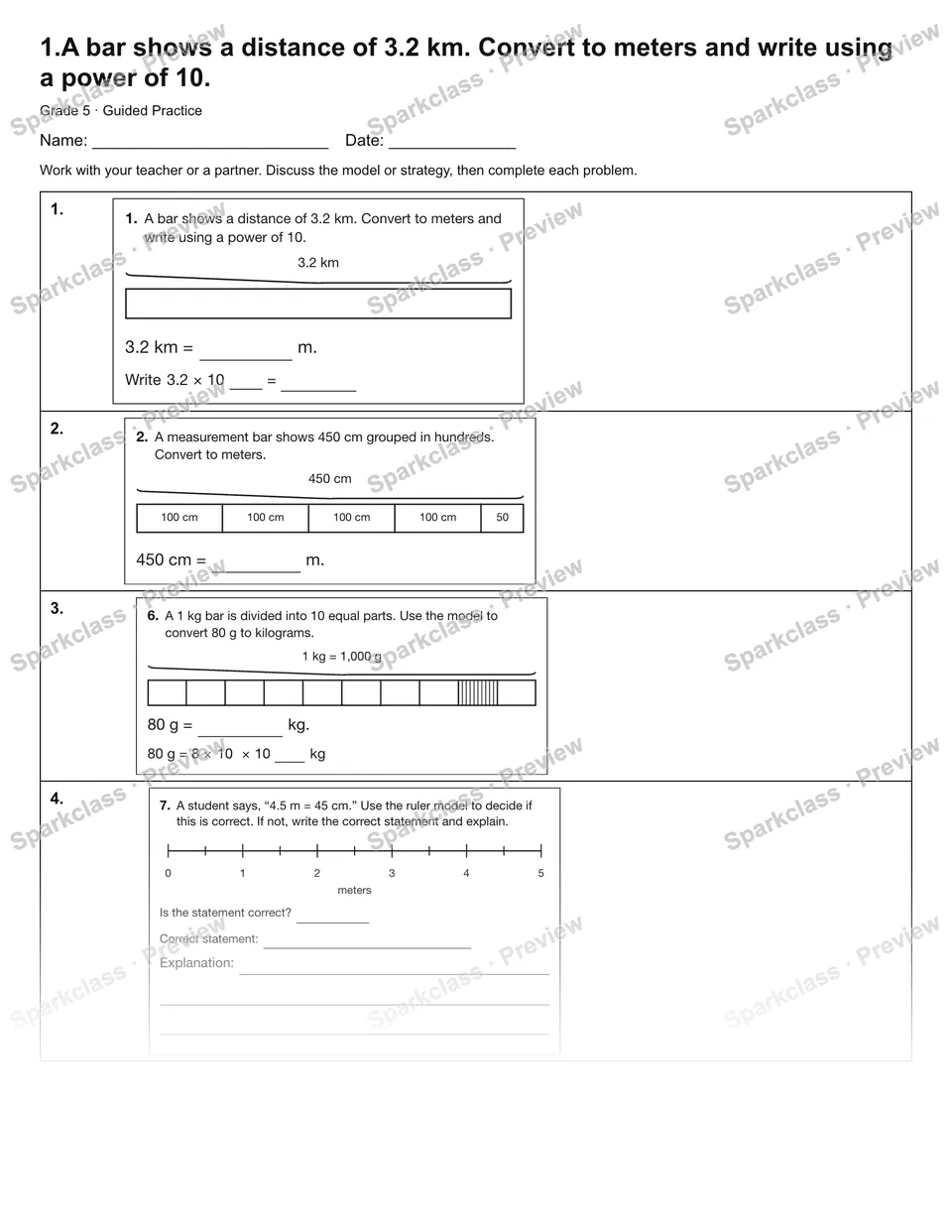 1.A bar shows a distance of 3.2 km. Convert to meters and write using a power of 10. — Guided Practice — Grade 5 worksheet preview