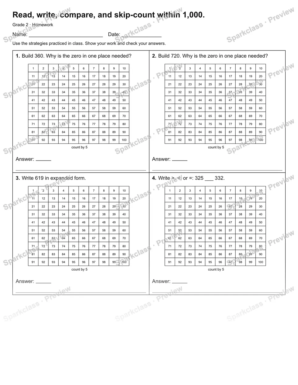 Read, write, compare, and skip-count within 1,000. — Homework — Grade 2 worksheet preview