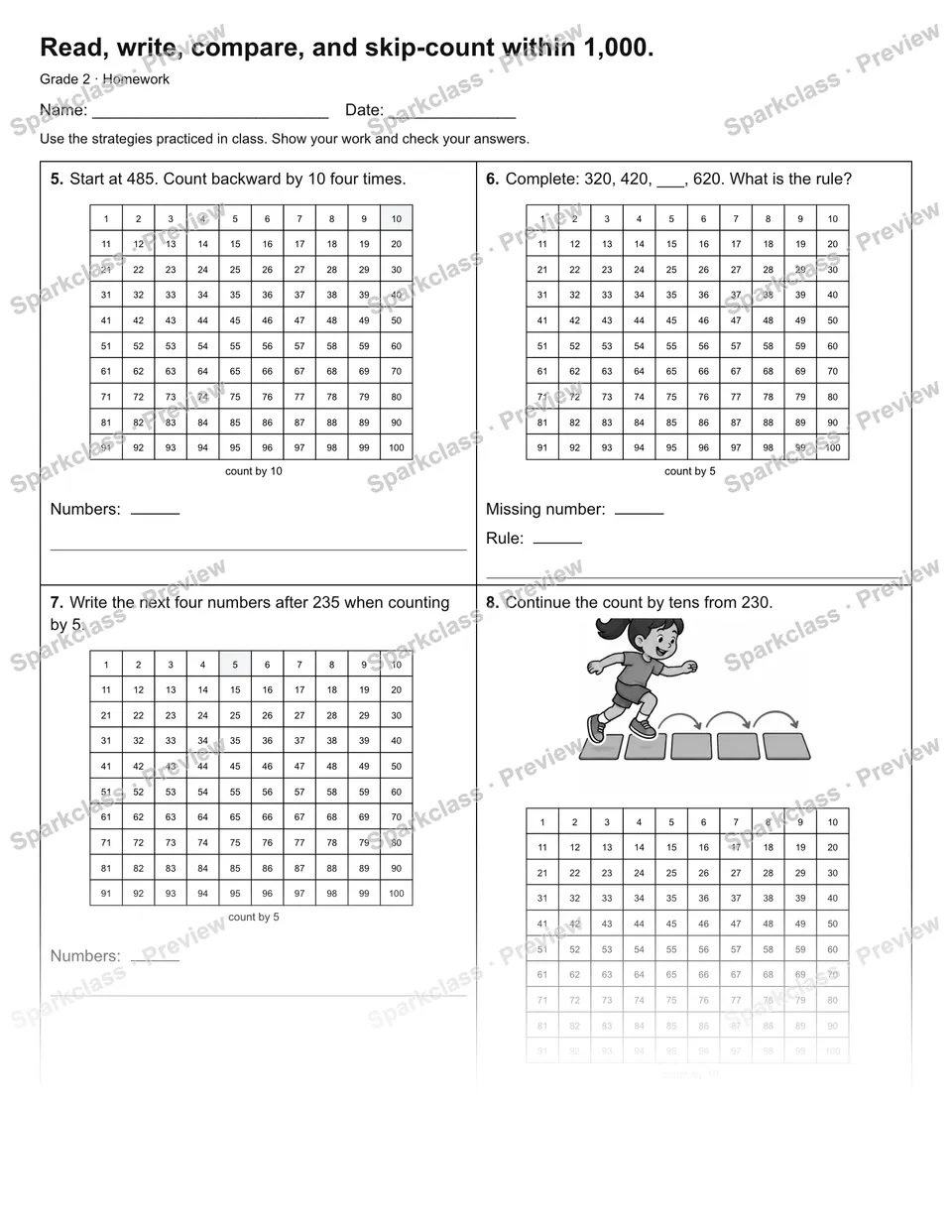 Read, write, compare, and skip-count within 1,000. — Homework — page 2