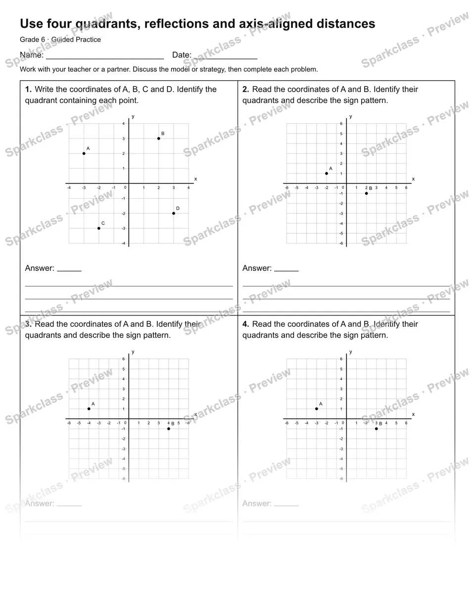 Use four quadrants, reflections and axis-aligned distances — Guided Practice — Grade 6 worksheet preview