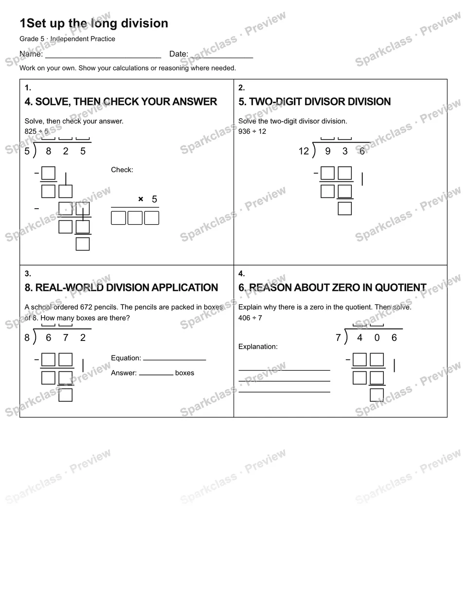 1Set up the long division — Independent Practice — Grade 5 worksheet preview
